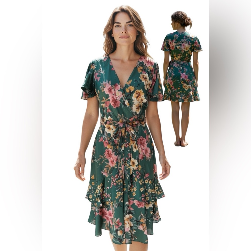 New Nikole Miller NY Floral Wrap Satin Midi Dress Ruffle Green Sz 8 Festival